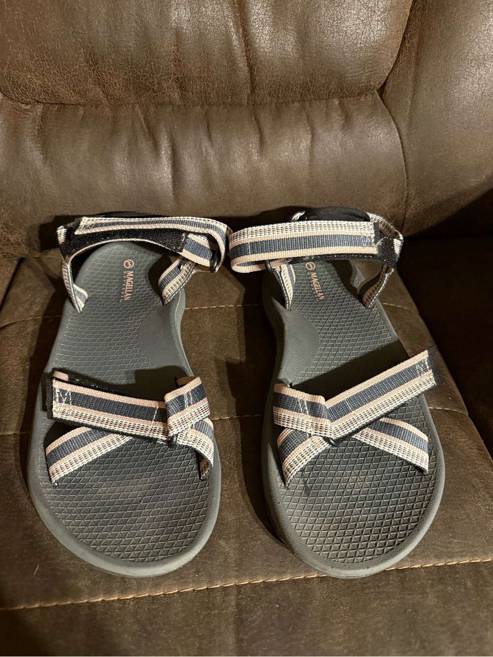 Magellan Outdoors Navy and Tan Striped Webbing Sandals